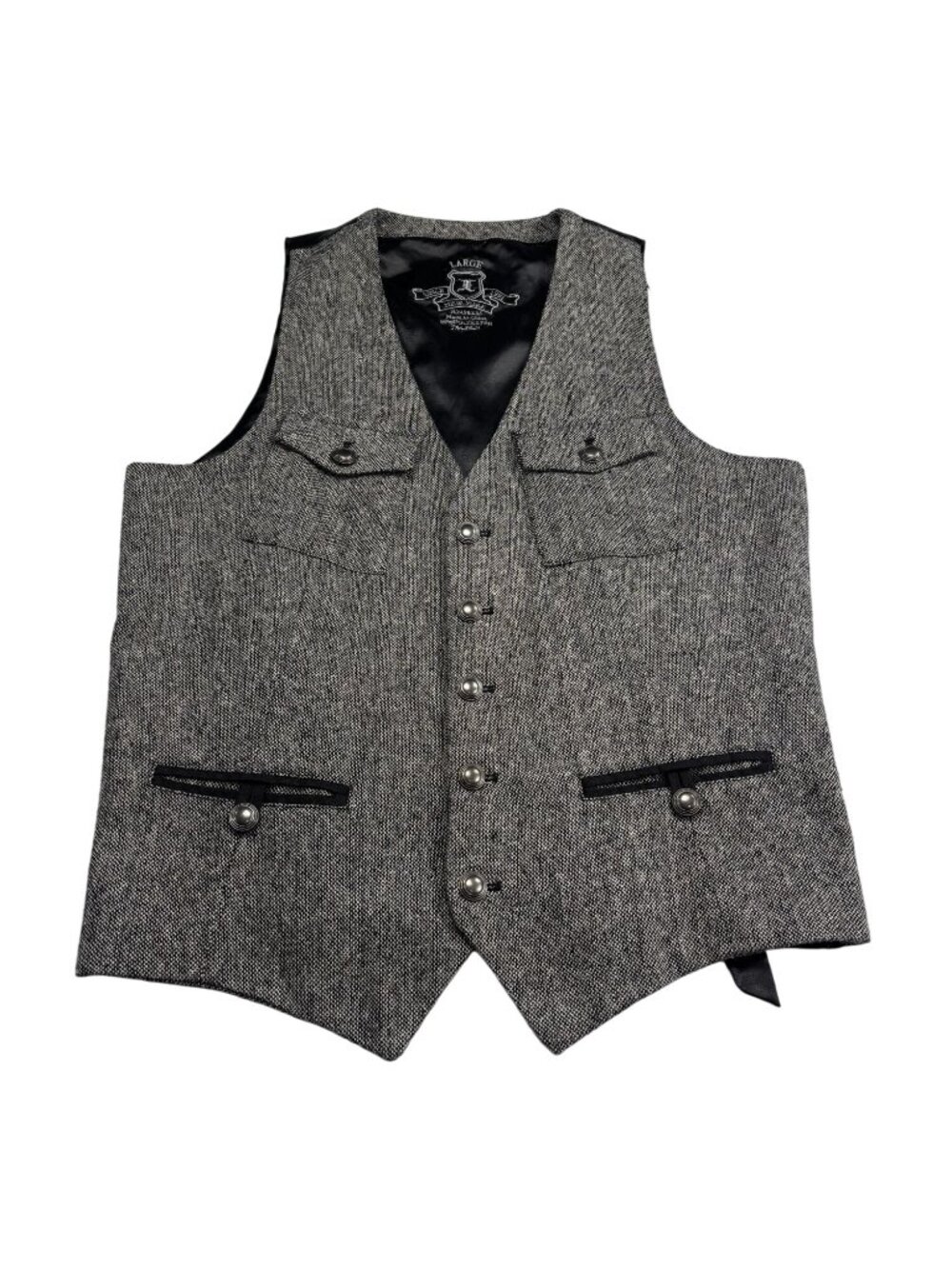 Mens Gray Tweed Button-Up Vest With Satin Back & Adjustable Strap Large